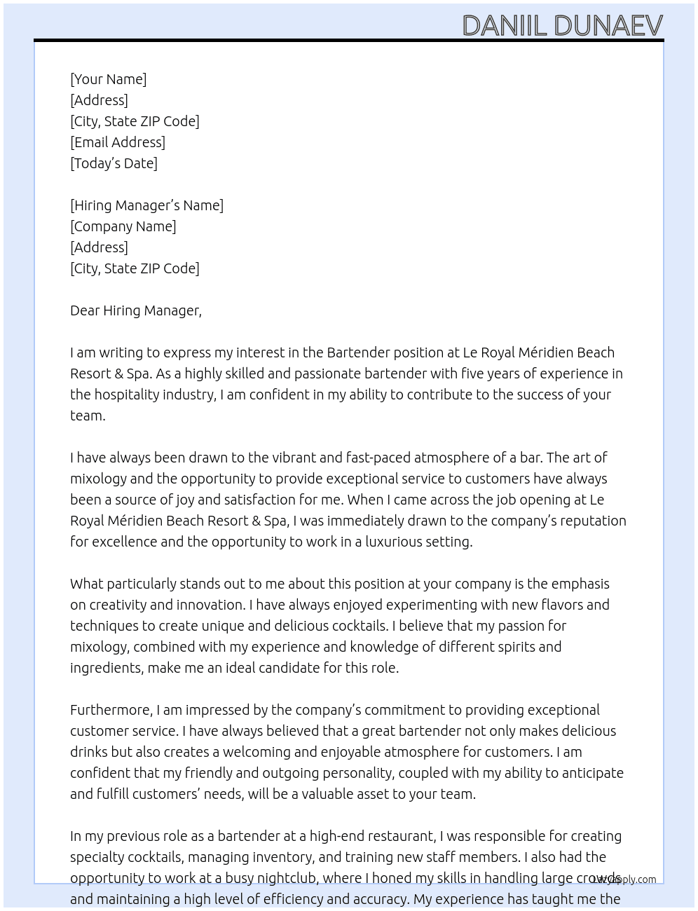 Bartender At Le Royal Méridien Beach Resort & Spa Cover Letter