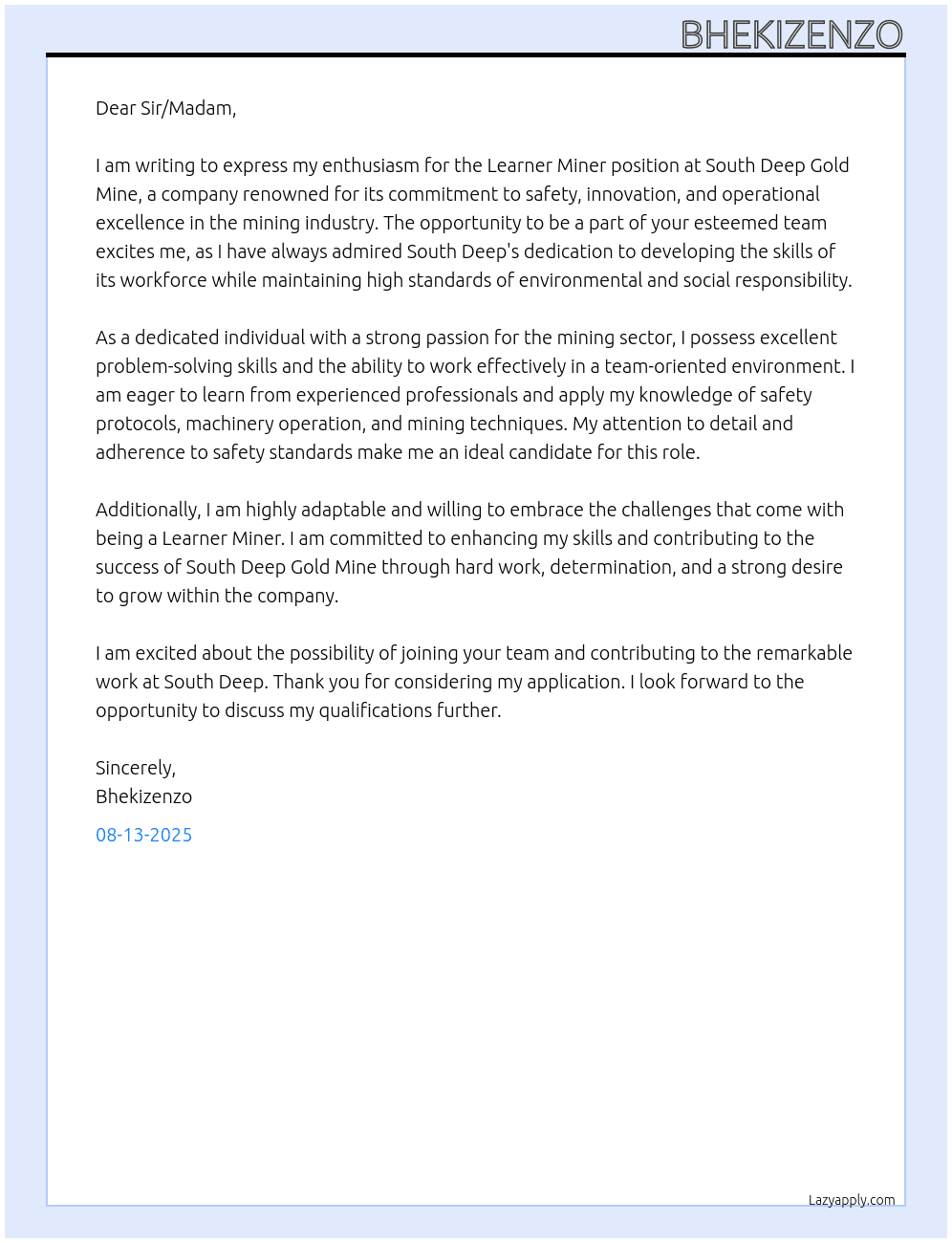 Leaner Miner At South Deep Gold Mine Cover Letter