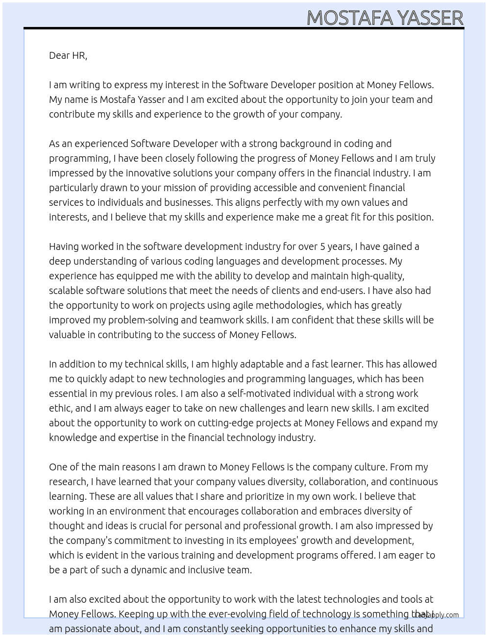Software Developer At Money Fellows Cover Letter