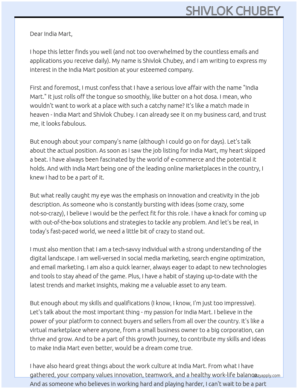 India mart  At India mart  Cover Letter