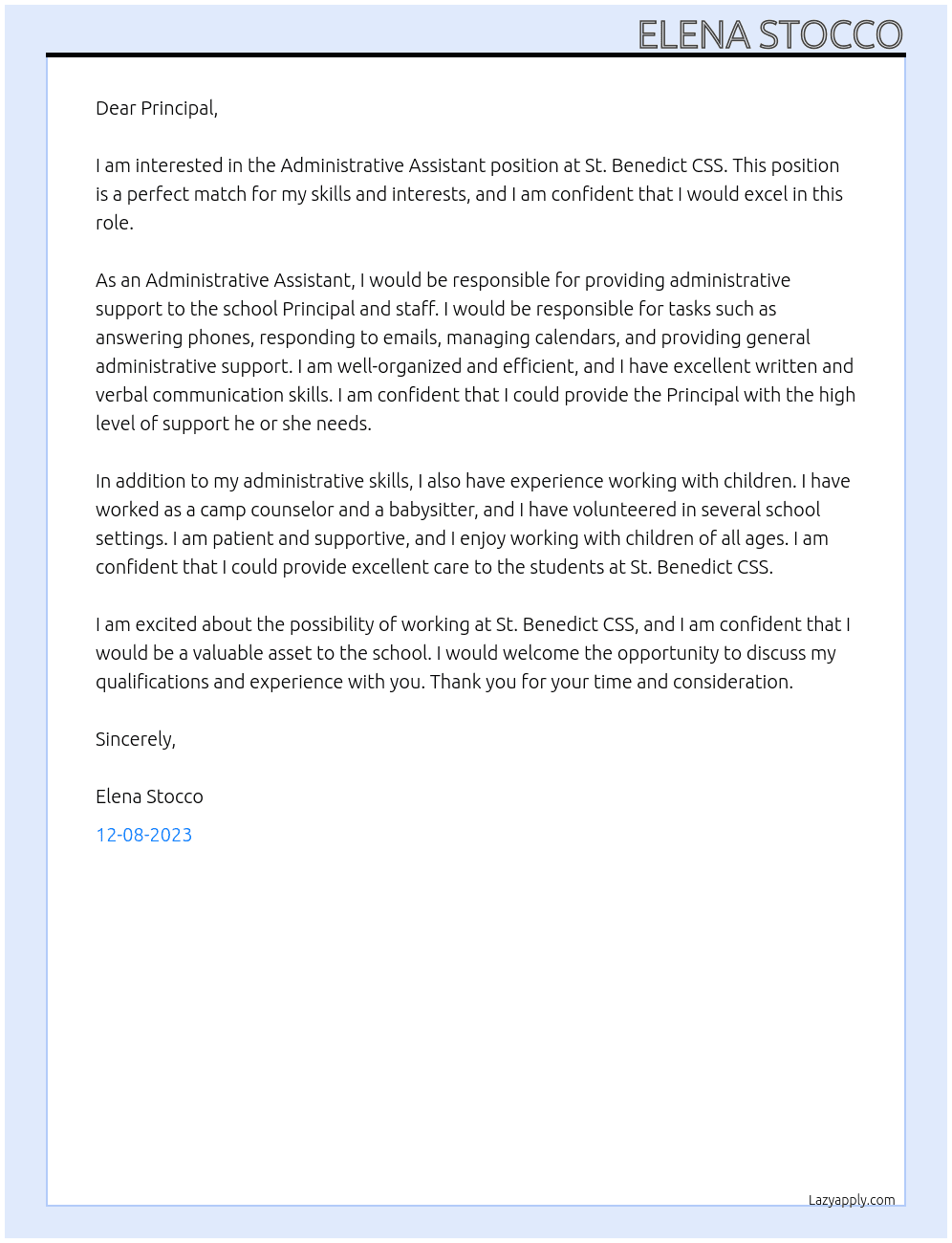 Administrative Assistant At St. Benedict CSS Cover Letter