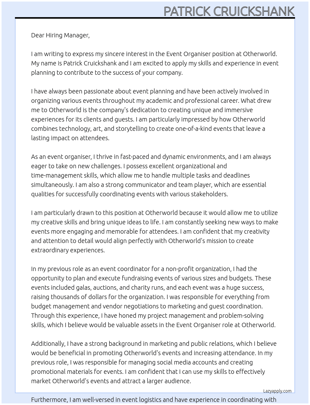 Event organiser At Otherworld Cover Letter