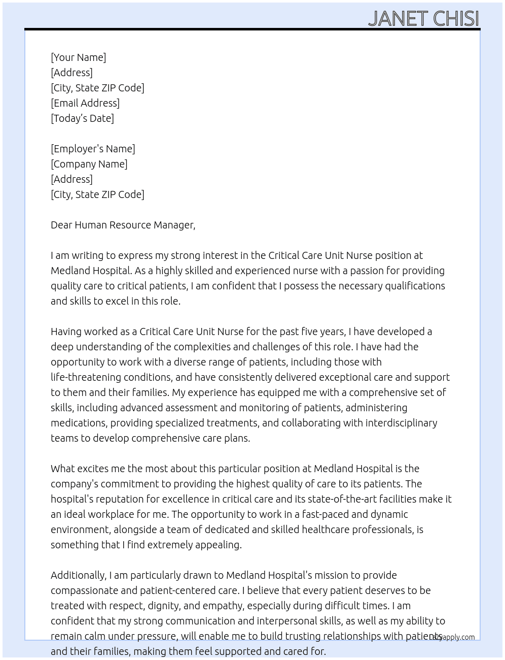 Critical Care Unit Nurse At Medland  Hospital  Cover Letter