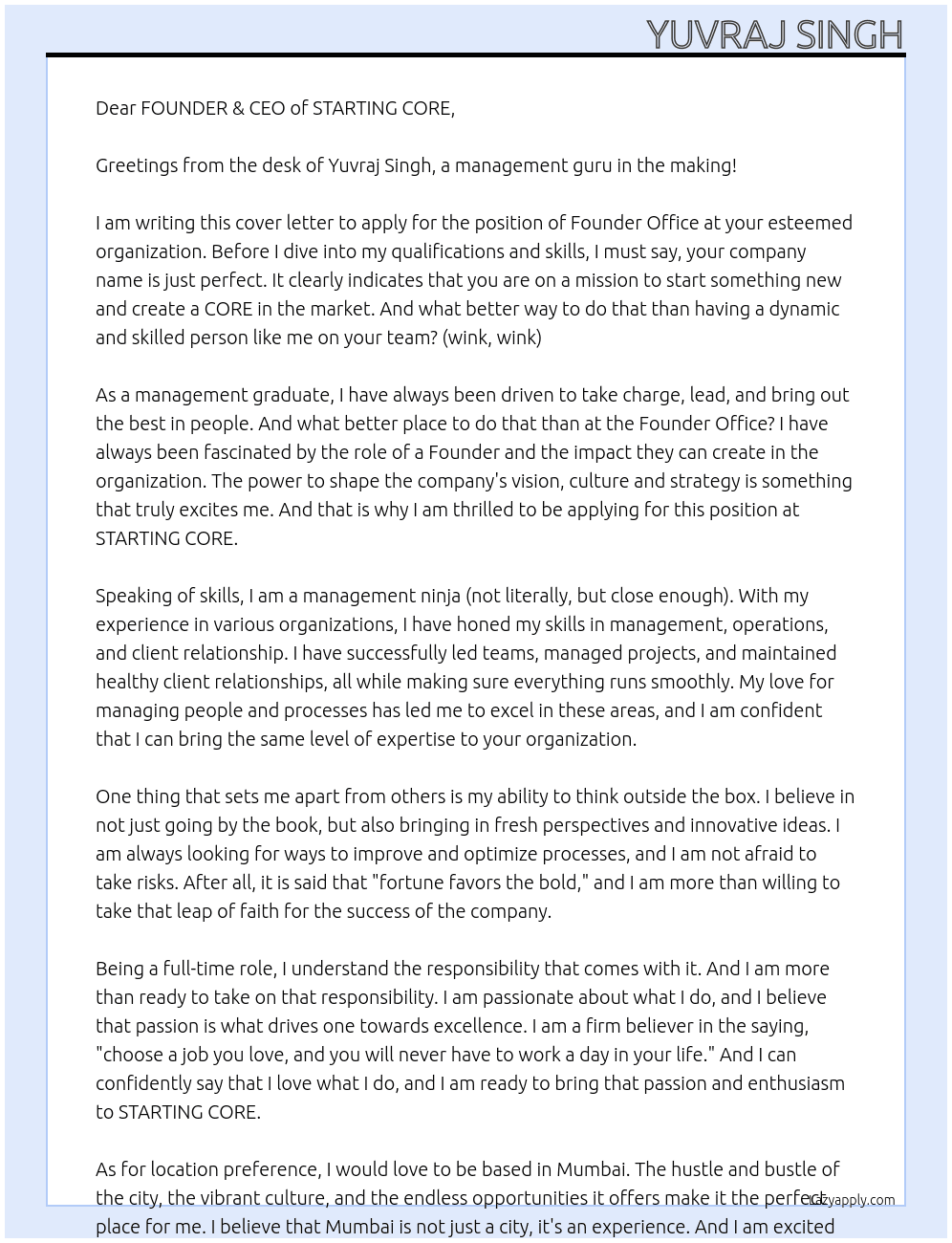 Founder office At STARTING CORE Cover Letter