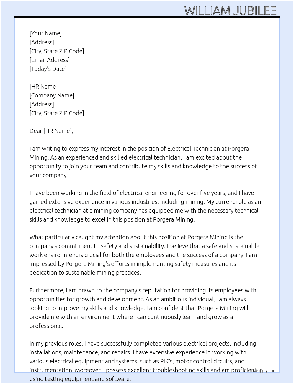 Electrical Technician  At Porgera mining  Cover Letter