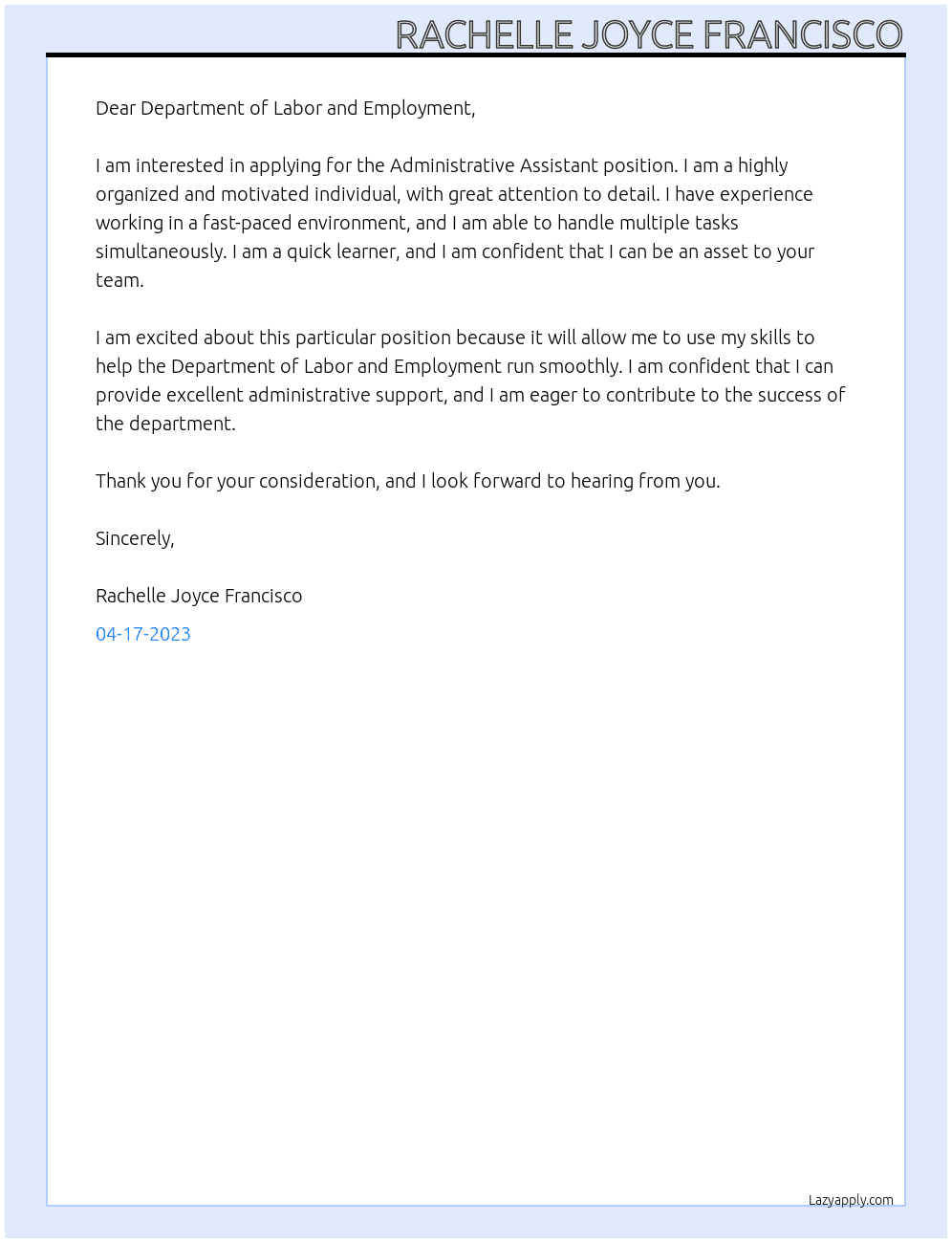 Administrative assistant  At Department of labor and employment  Cover Letter