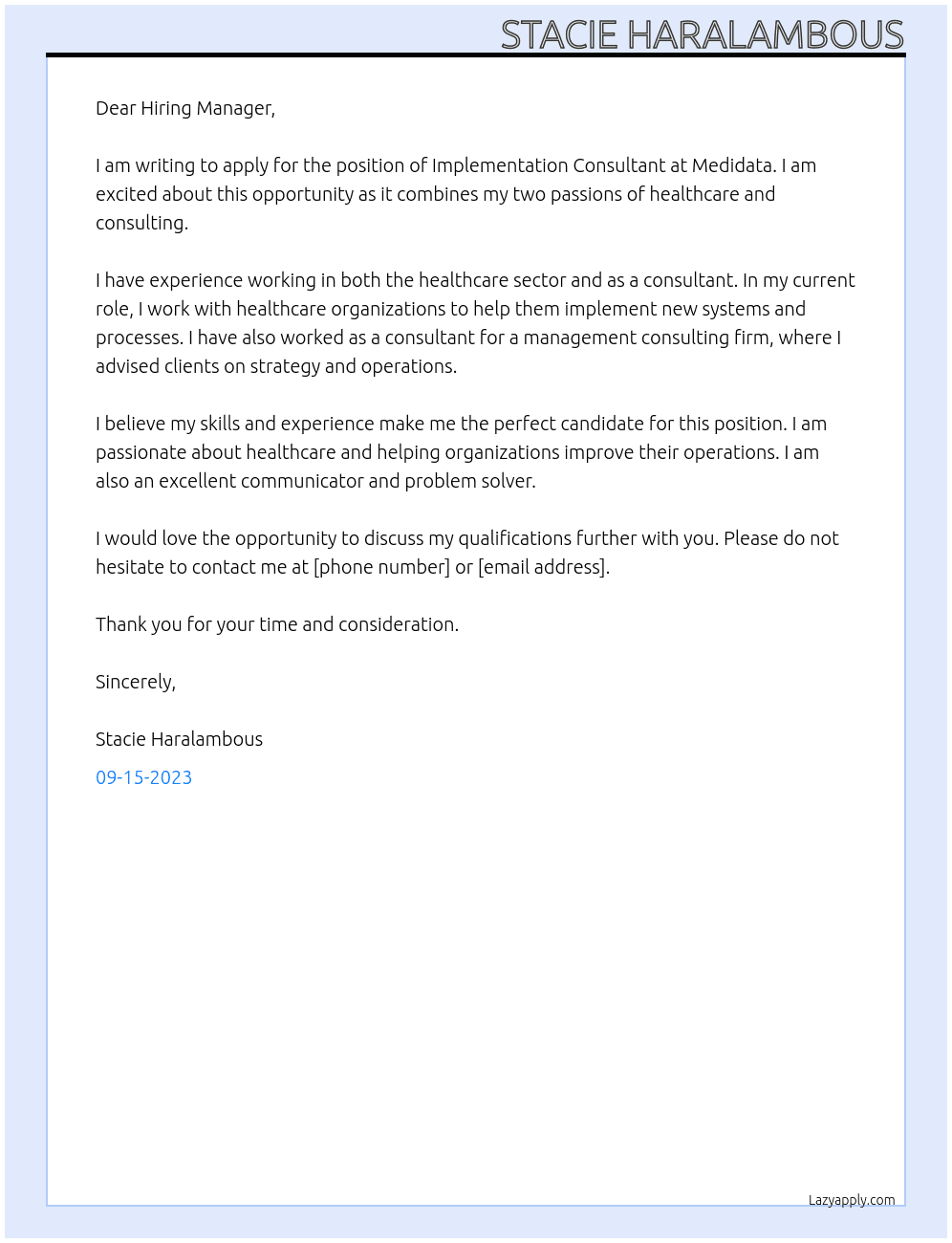 Implementation Consultant At Medidata Cover Letter