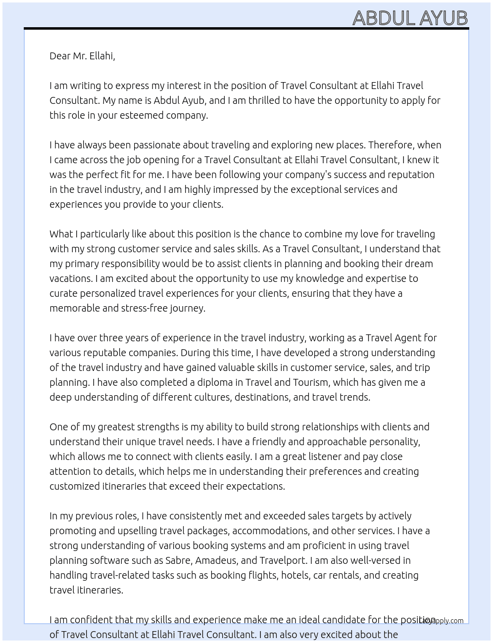 Travel Consultant At Ellahi Travel Consultant Cover Letter