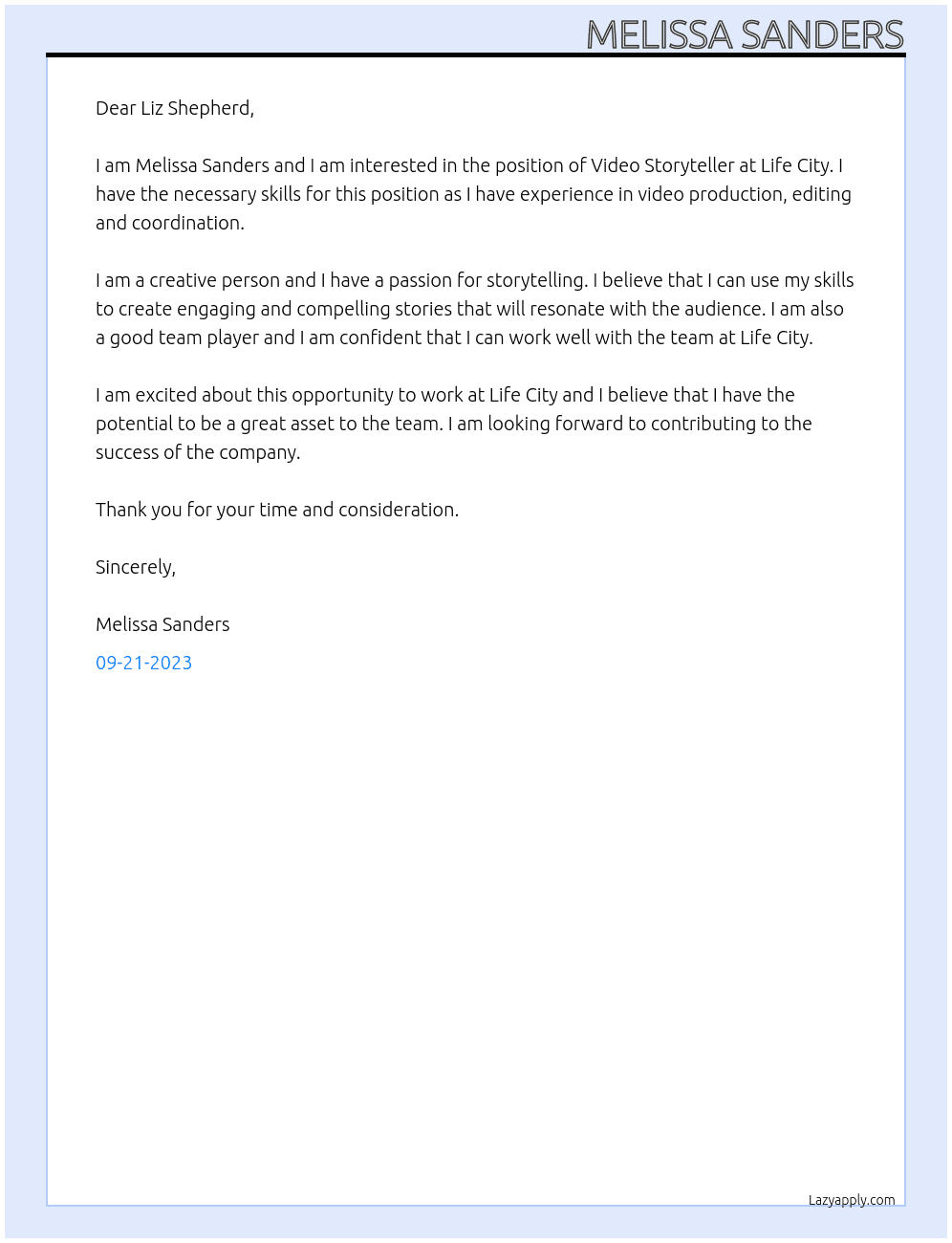Video Storyteller At Life City Cover Letter