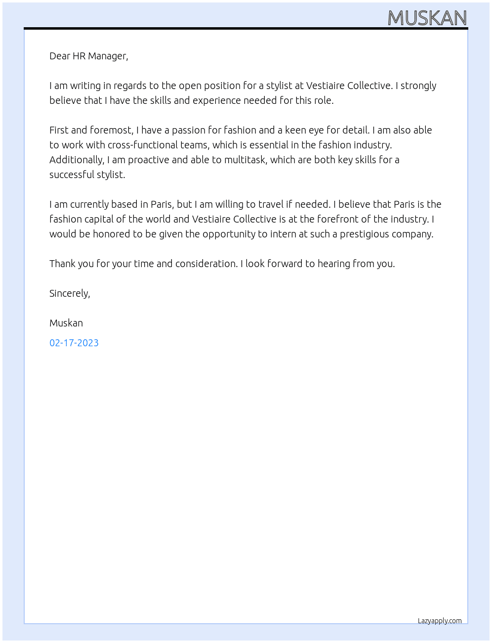 Stylist At Vestiaire collective Cover Letter