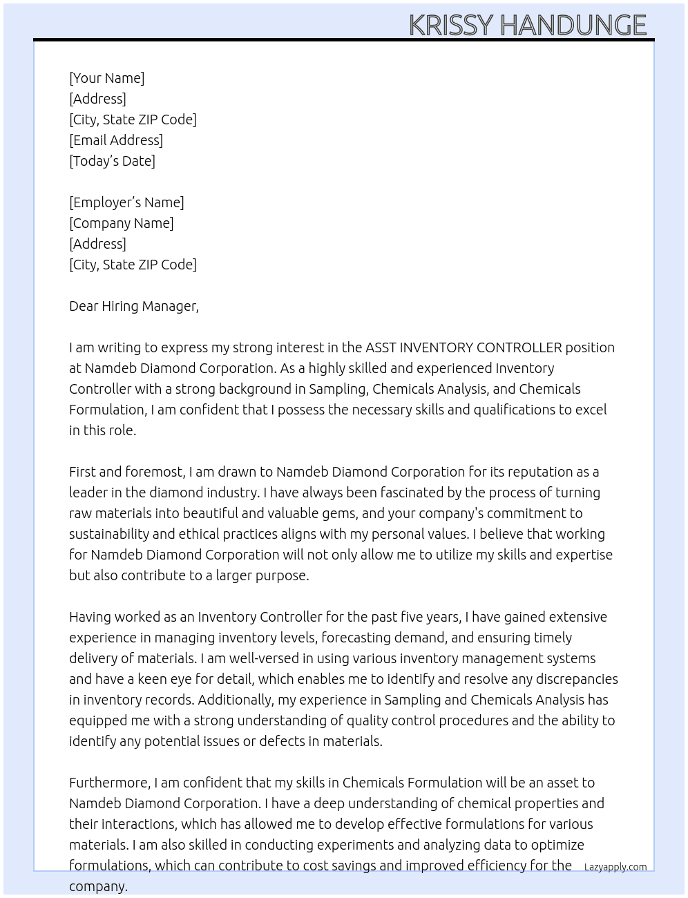 ASST INVENTORY CONTROLLER At Namdeb Diamond Corporation  Cover Letter