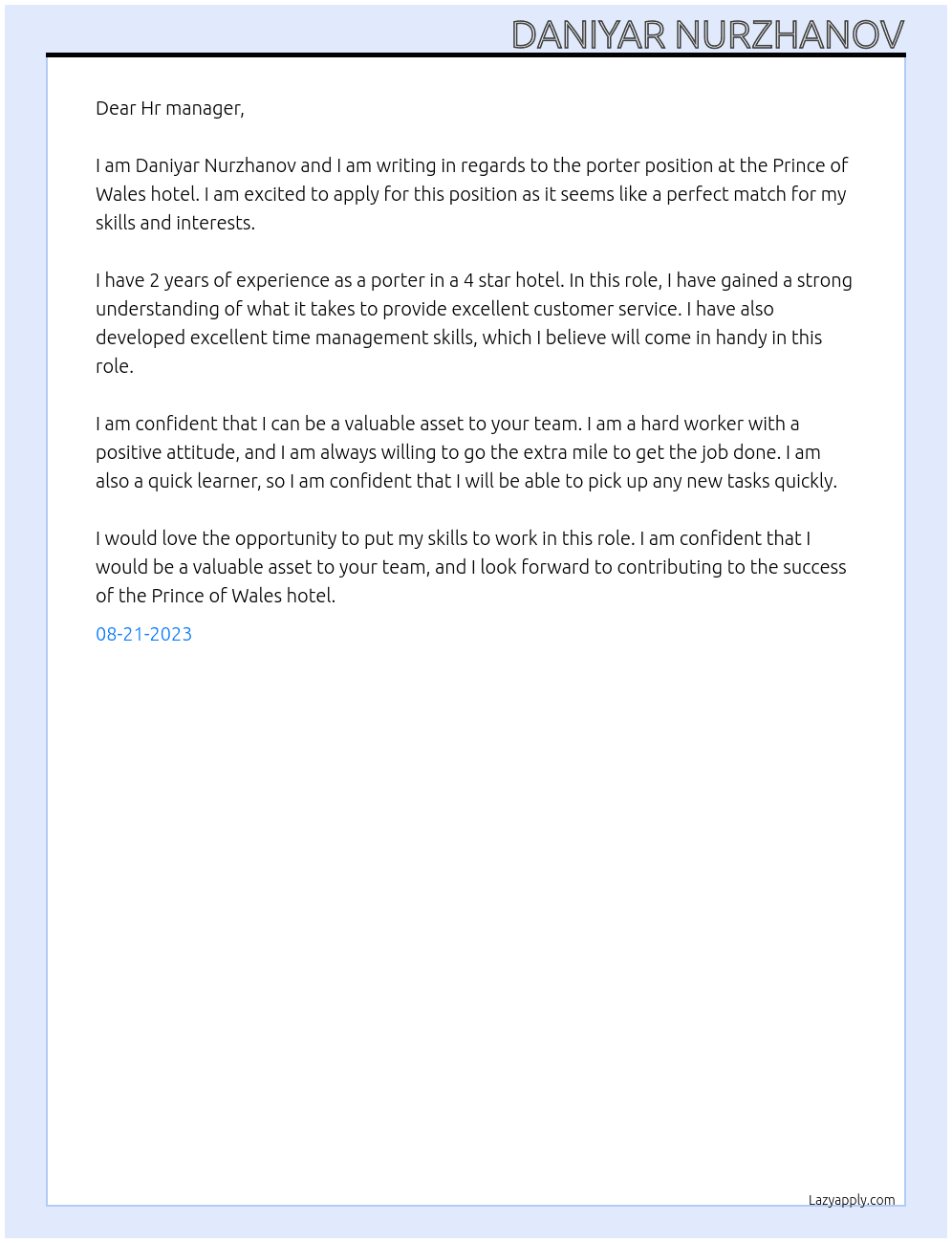 Porter At Prince of Wales hotel  Cover Letter