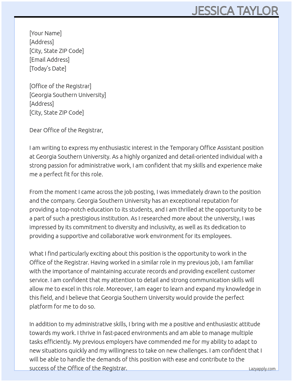 Temporary - Office Assistant At Georgia Southern University Cover Letter