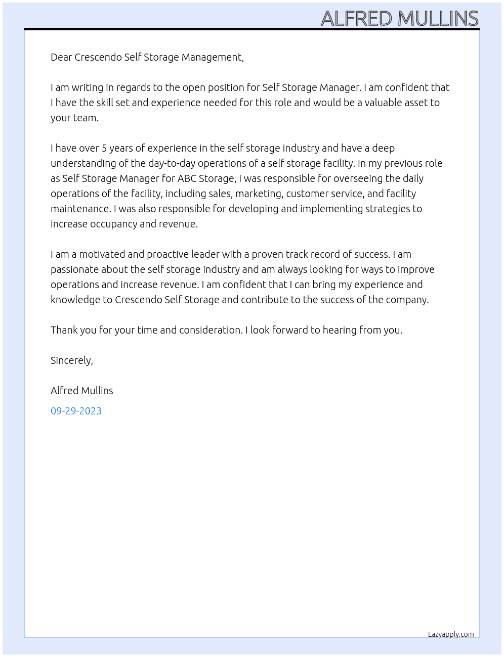Self Storage Manager  At Crescendo Self Storage Management  Cover Letter