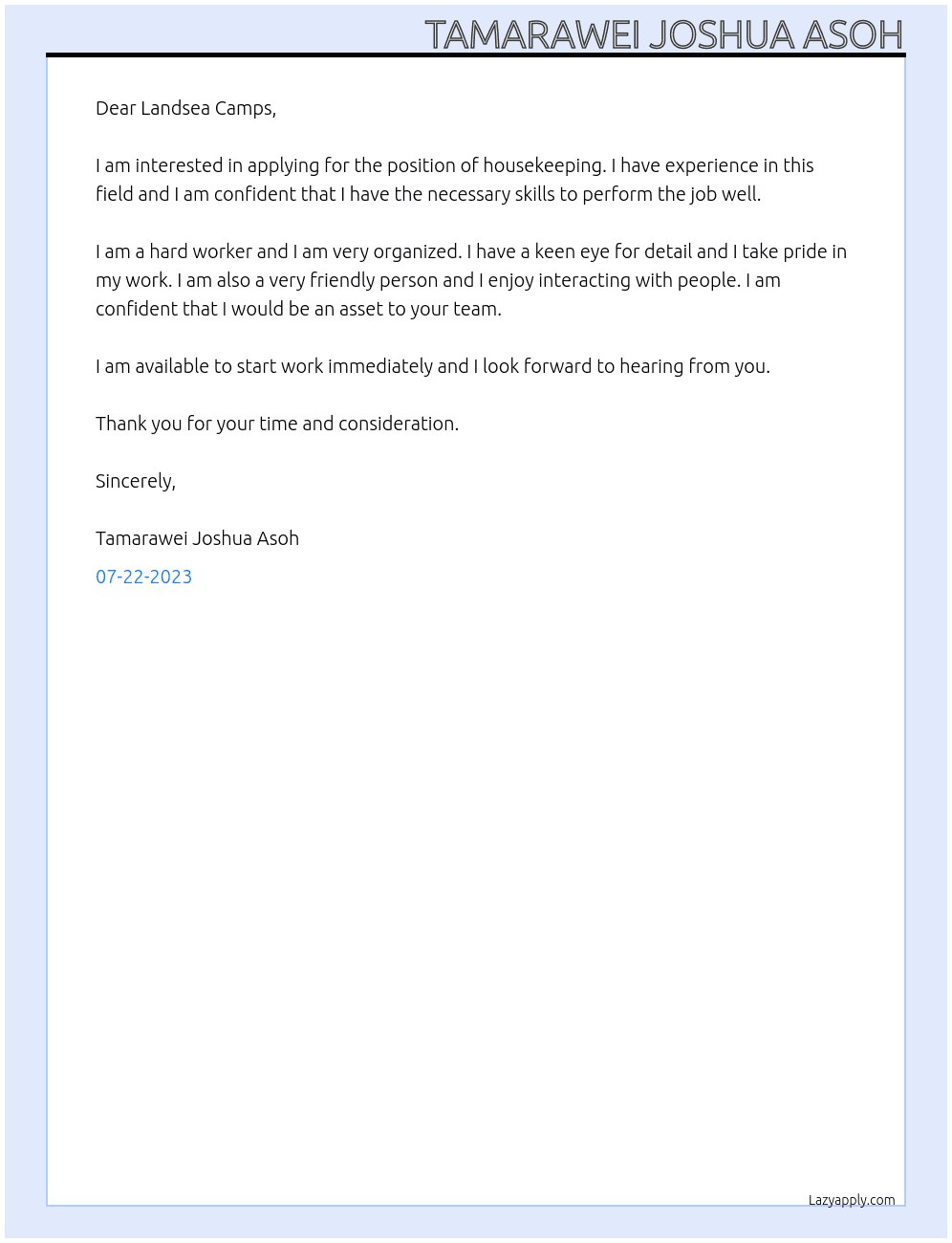 Housekeeping At Landsea camps Cover Letter