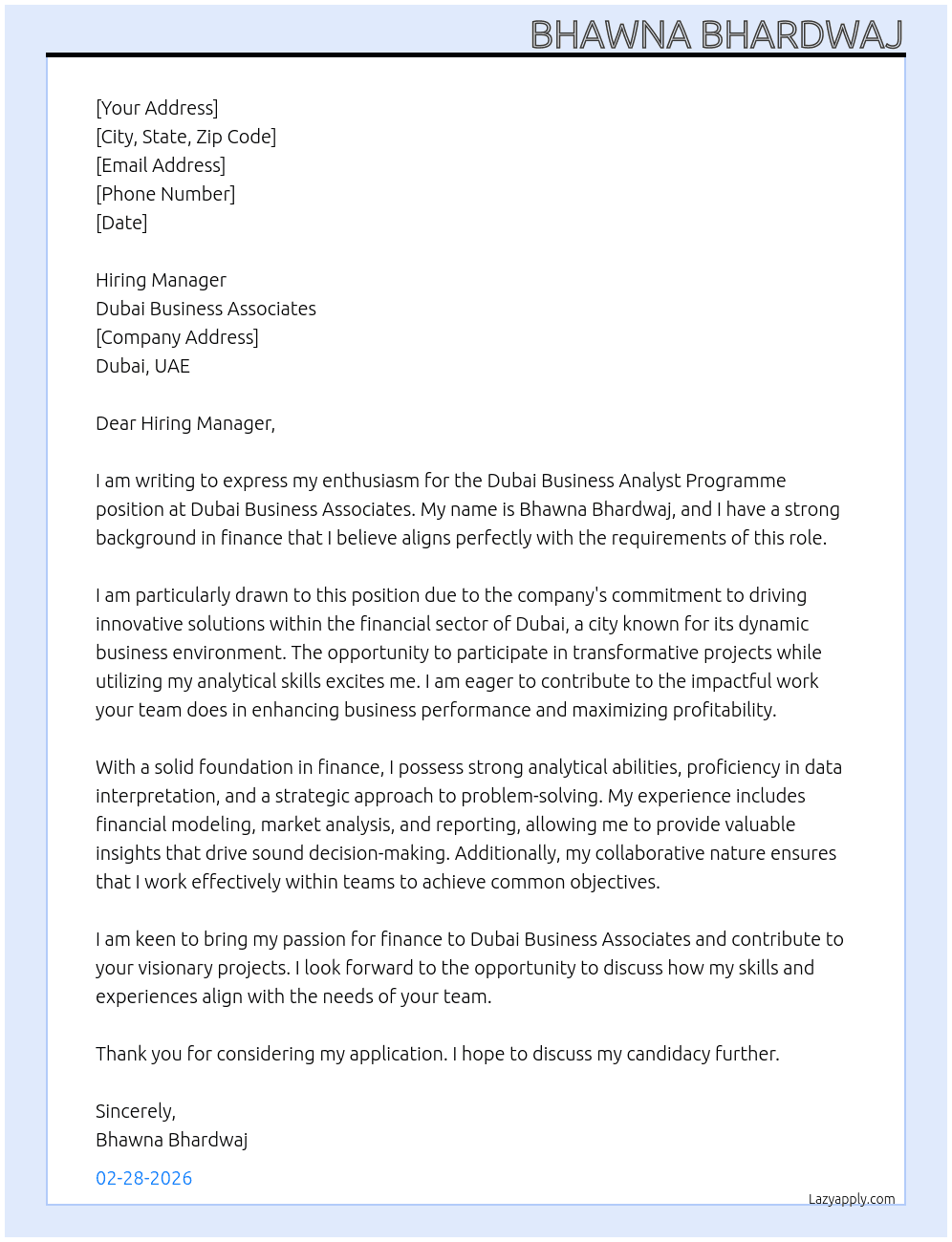 Dubai Business Analyst Programme  At Dubai business associates Cover Letter