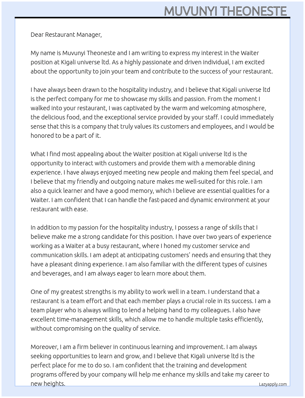 Waiter  At Kigali universe ltd Cover Letter