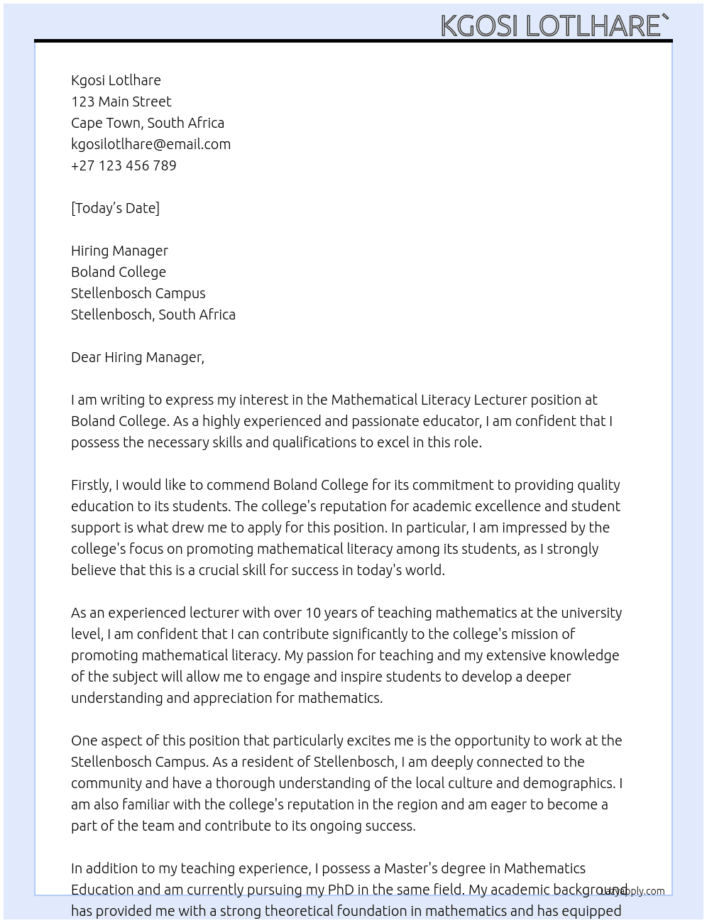 Mathematical Literacy Lecturer At Boland College Cover Letter