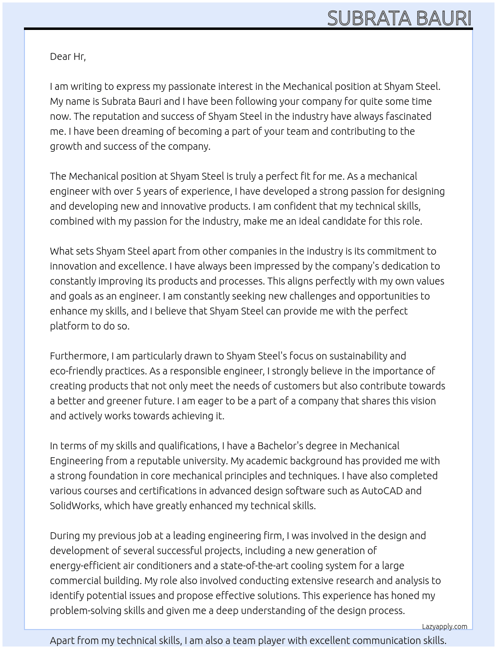 Mechanical  At Shyam Steel  Cover Letter
