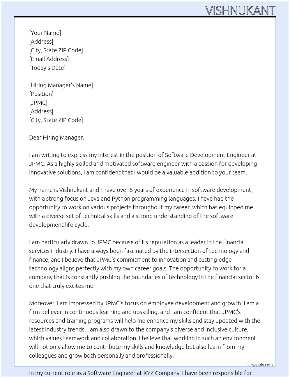 Software Development Engineer At JPMC Cover Letter