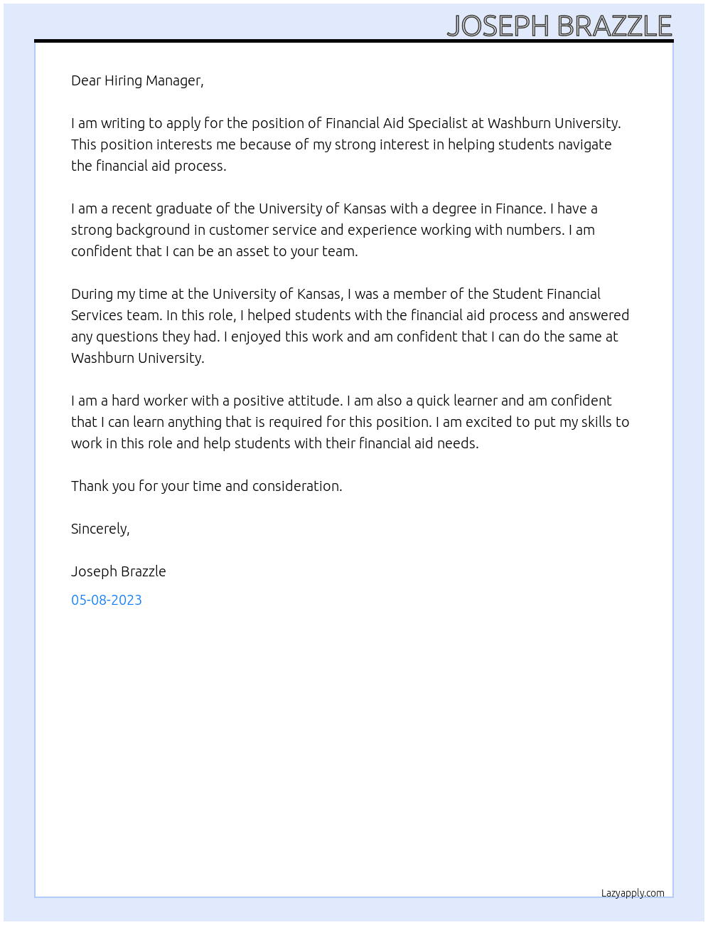 Financial Aid Specialist At Washburn University  Cover Letter