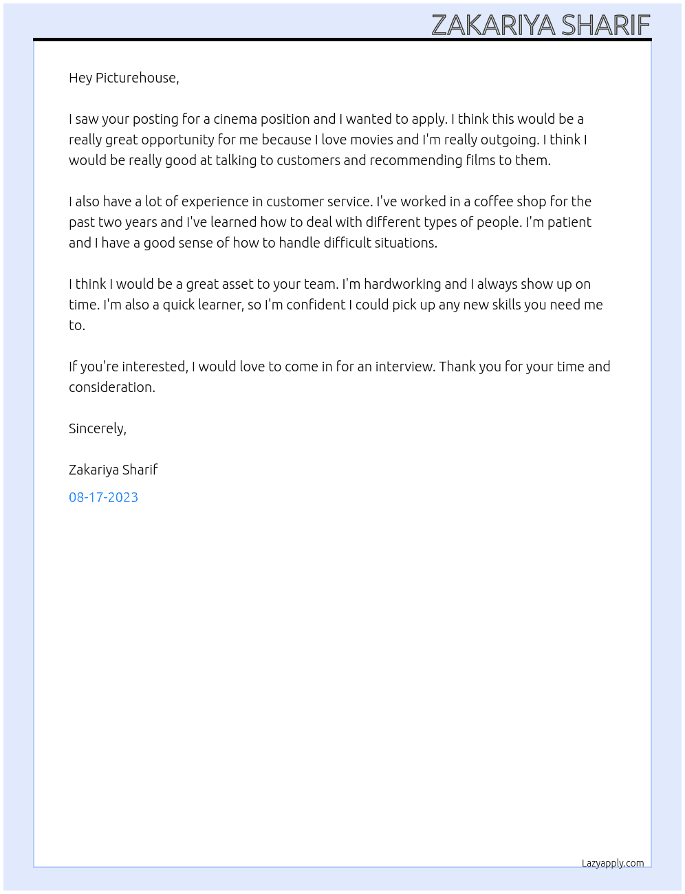 Cinema At Picturehouse Cover Letter