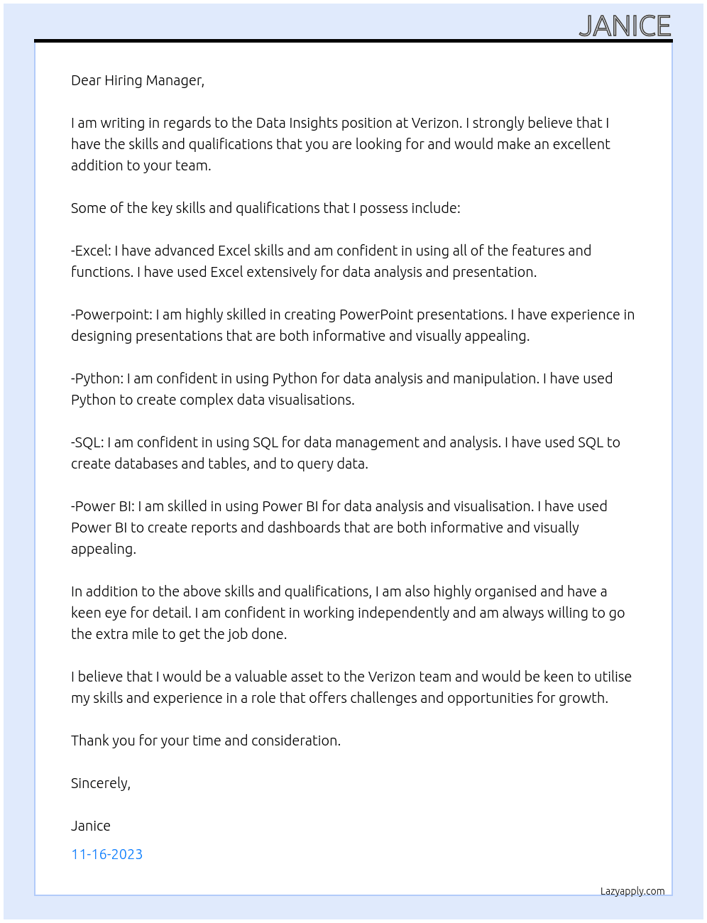 Data Insights At Verizon Cover Letter