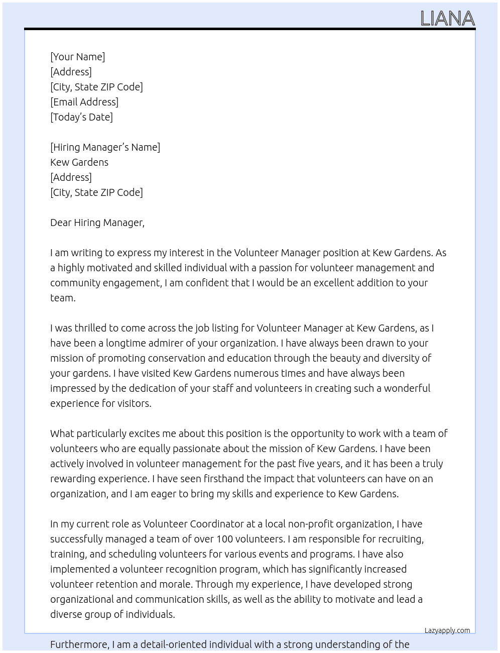 Volunteer Manager At Kew Gardens  Cover Letter