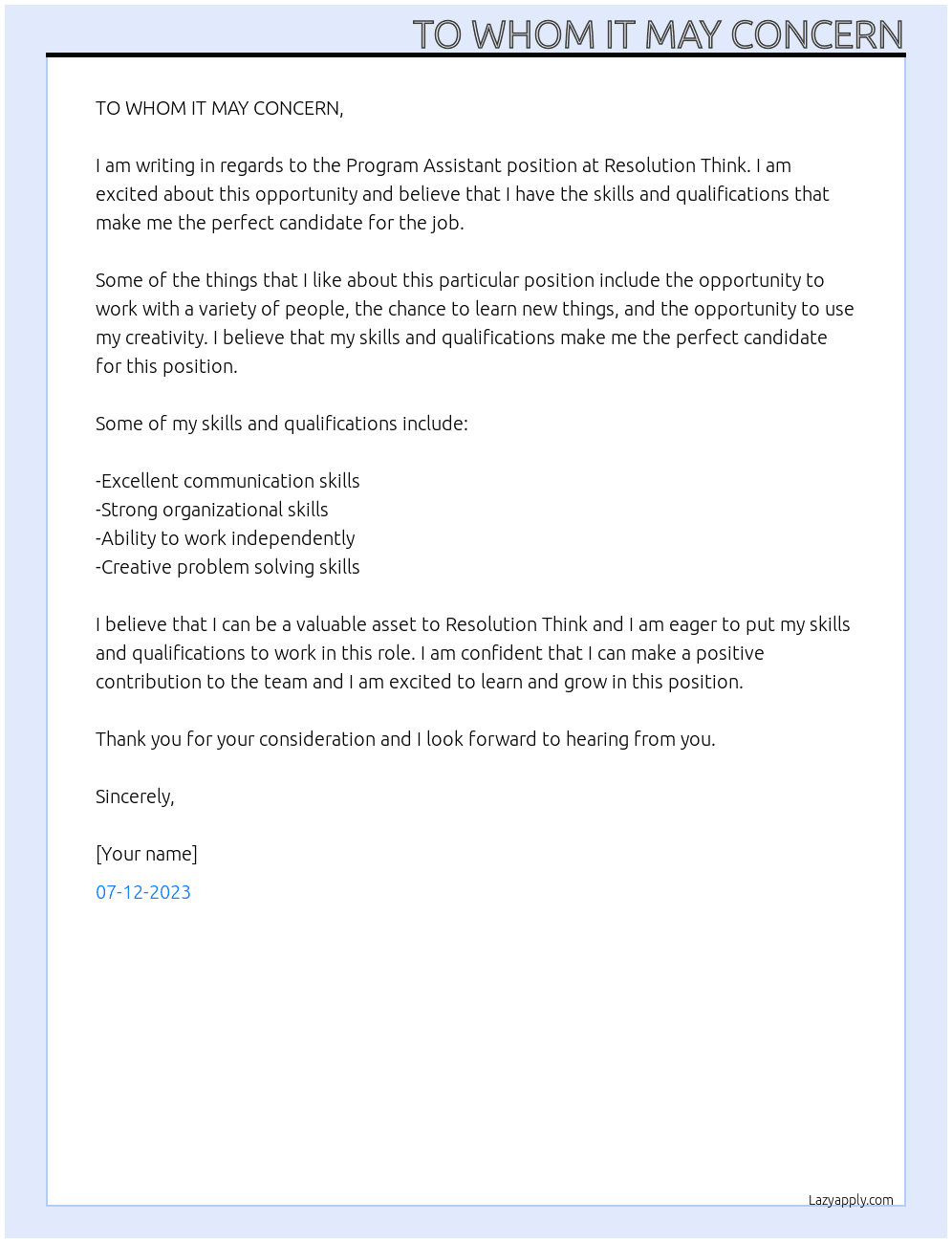 Program Assisstant At Resolution Think Cover Letter