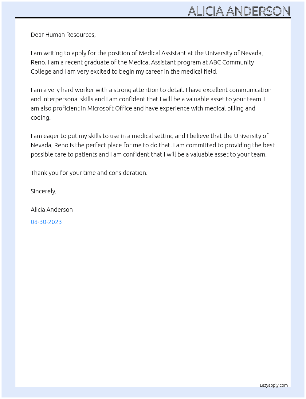 Medical Assistant At University of Nevada, Reno Cover Letter