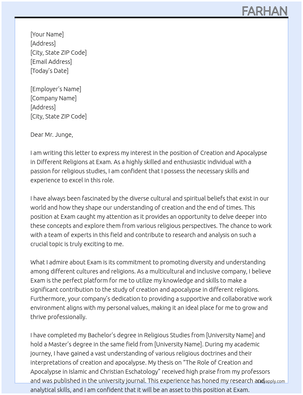 creation and apokalypse in differnt religions At exam Cover Letter