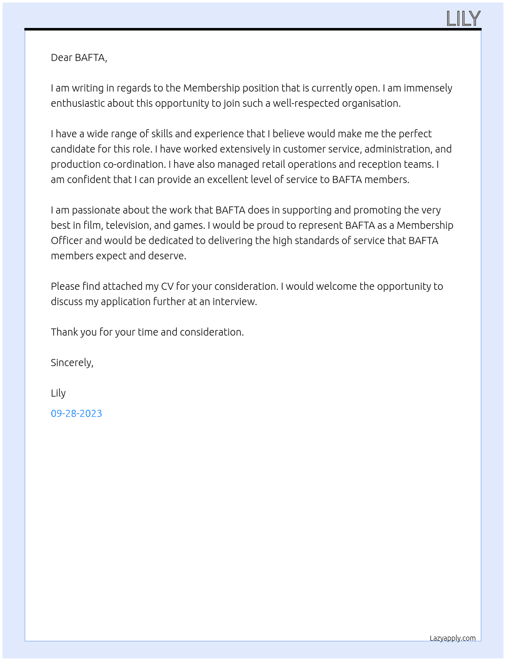 MEMBERSHIP At BAFTA Cover Letter