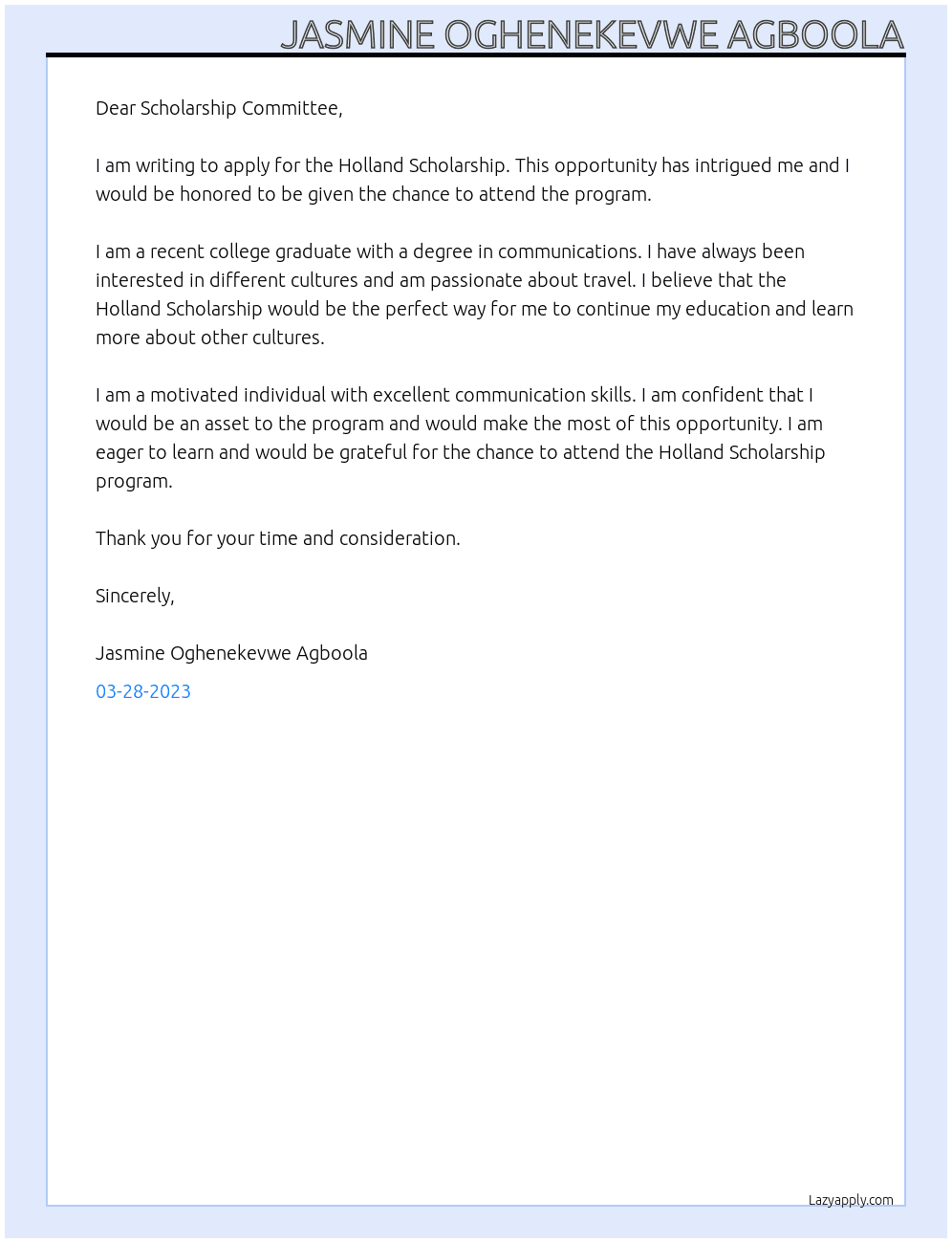 Application for Scholarship At  Scholarship Cover Letter