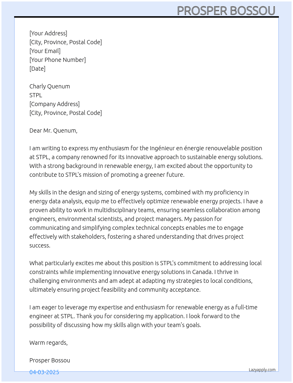 Ingénieur en énergie renouvelable  At STPL Cover Letter