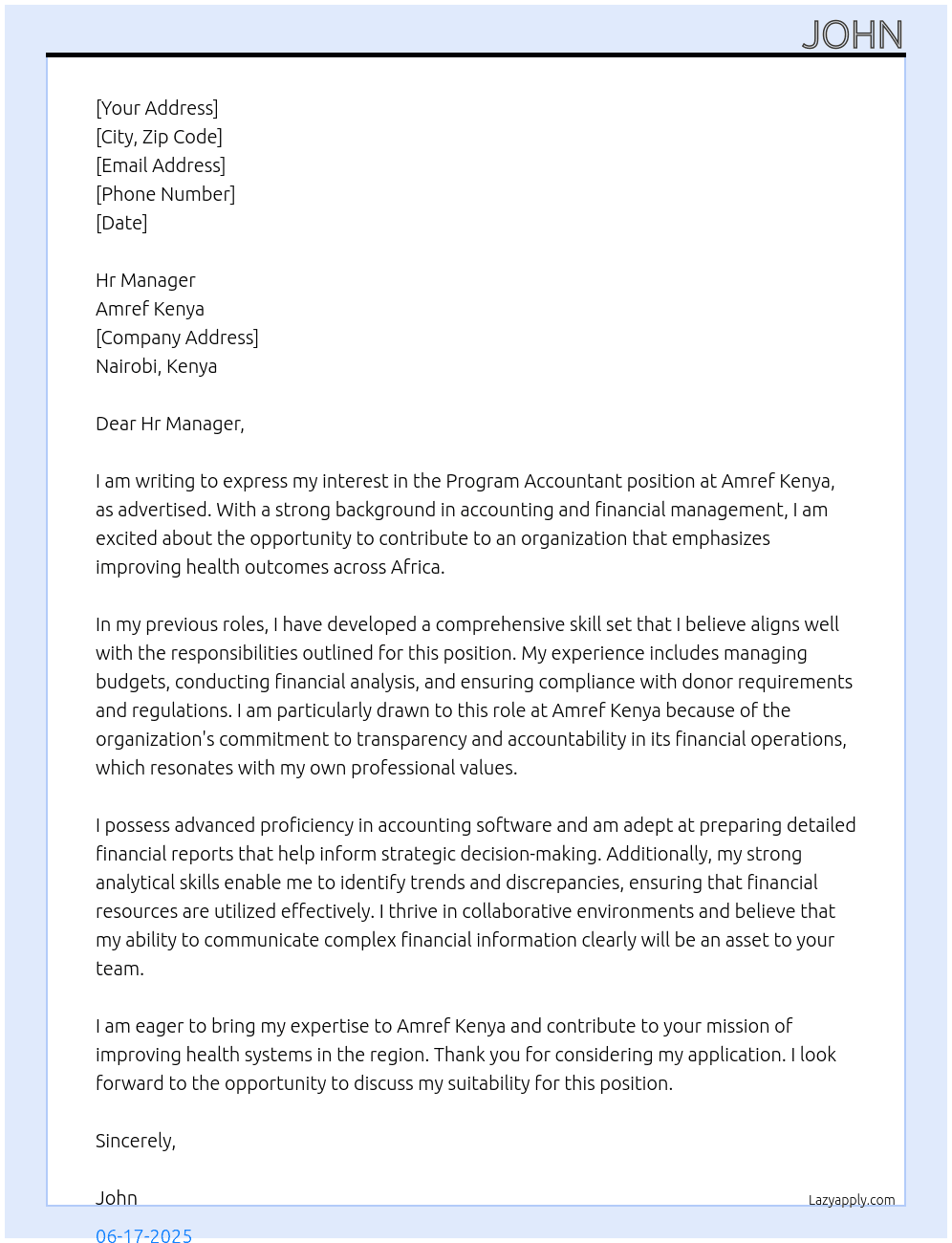 Program Accountant At amref Kenya Cover Letter