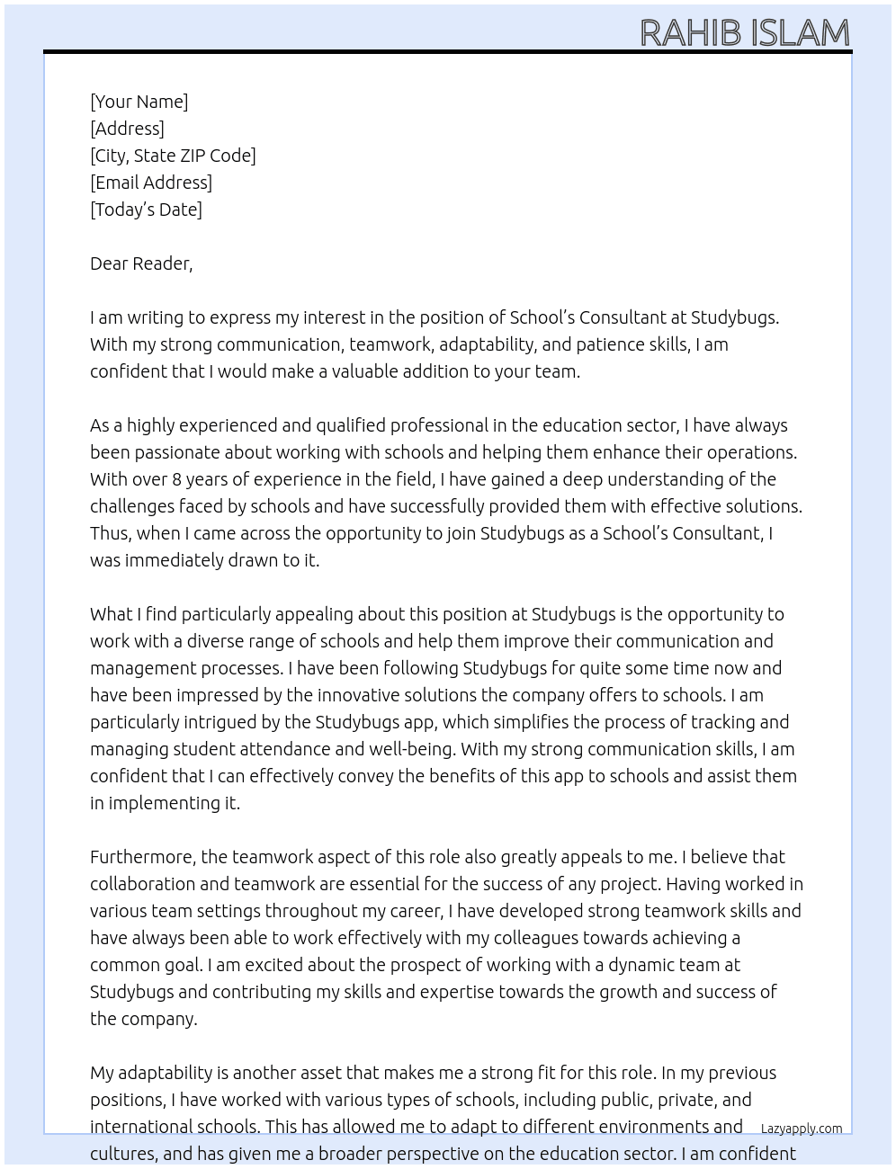 School’s consultant  At Studybugs Cover Letter
