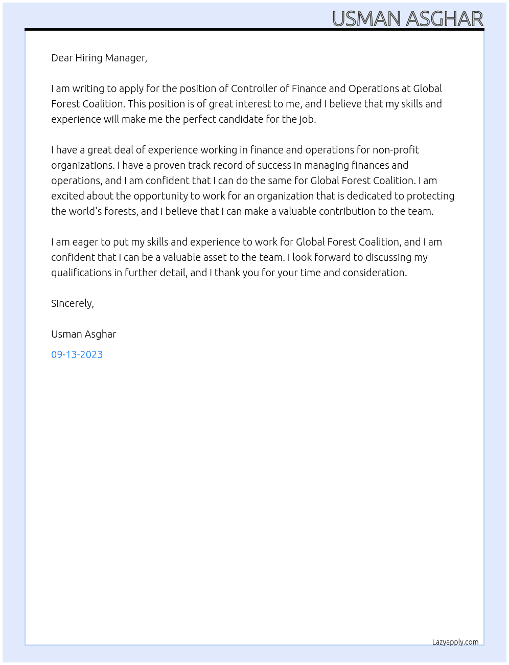 Controller of Finance and Operations At Global Forest Coalition Cover Letter