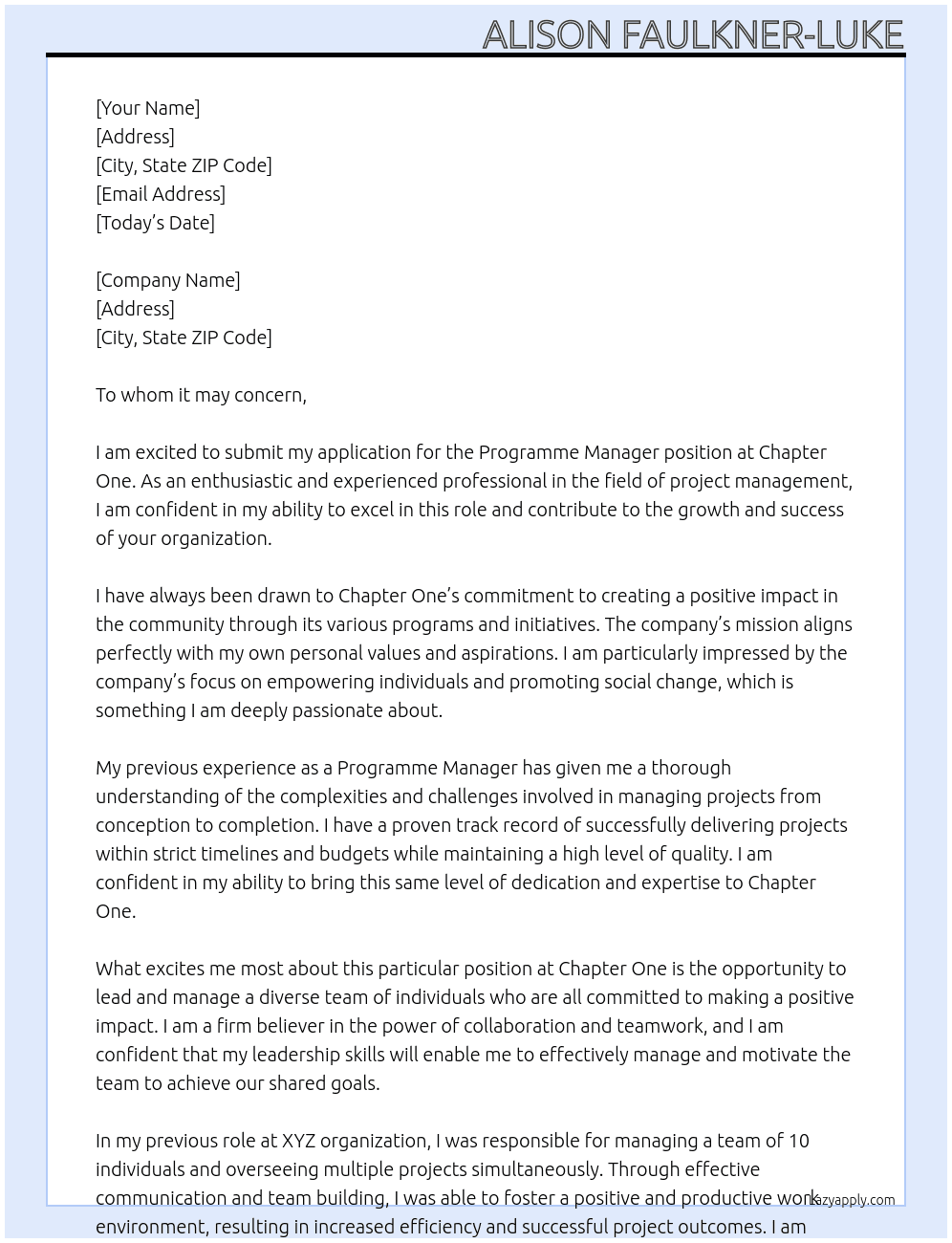 Programme manager At Chapter One Cover Letter
