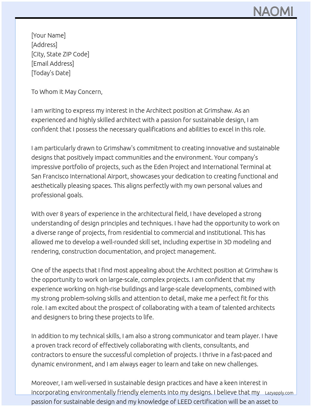 Architect At Grimshaw Cover Letter