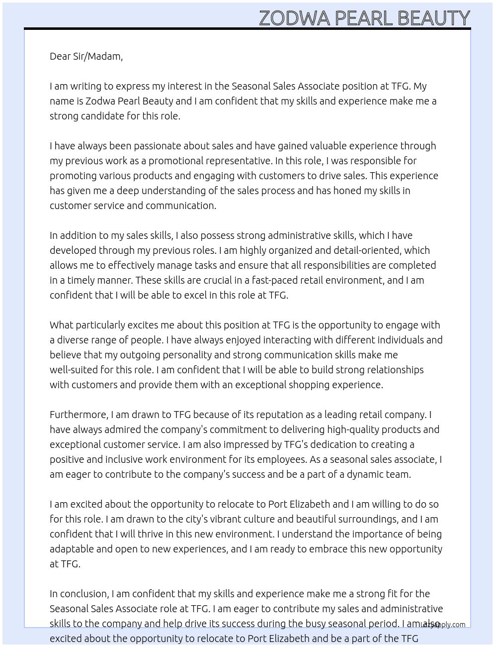 Seasonal Sales Associate At TFG Cover Letter
