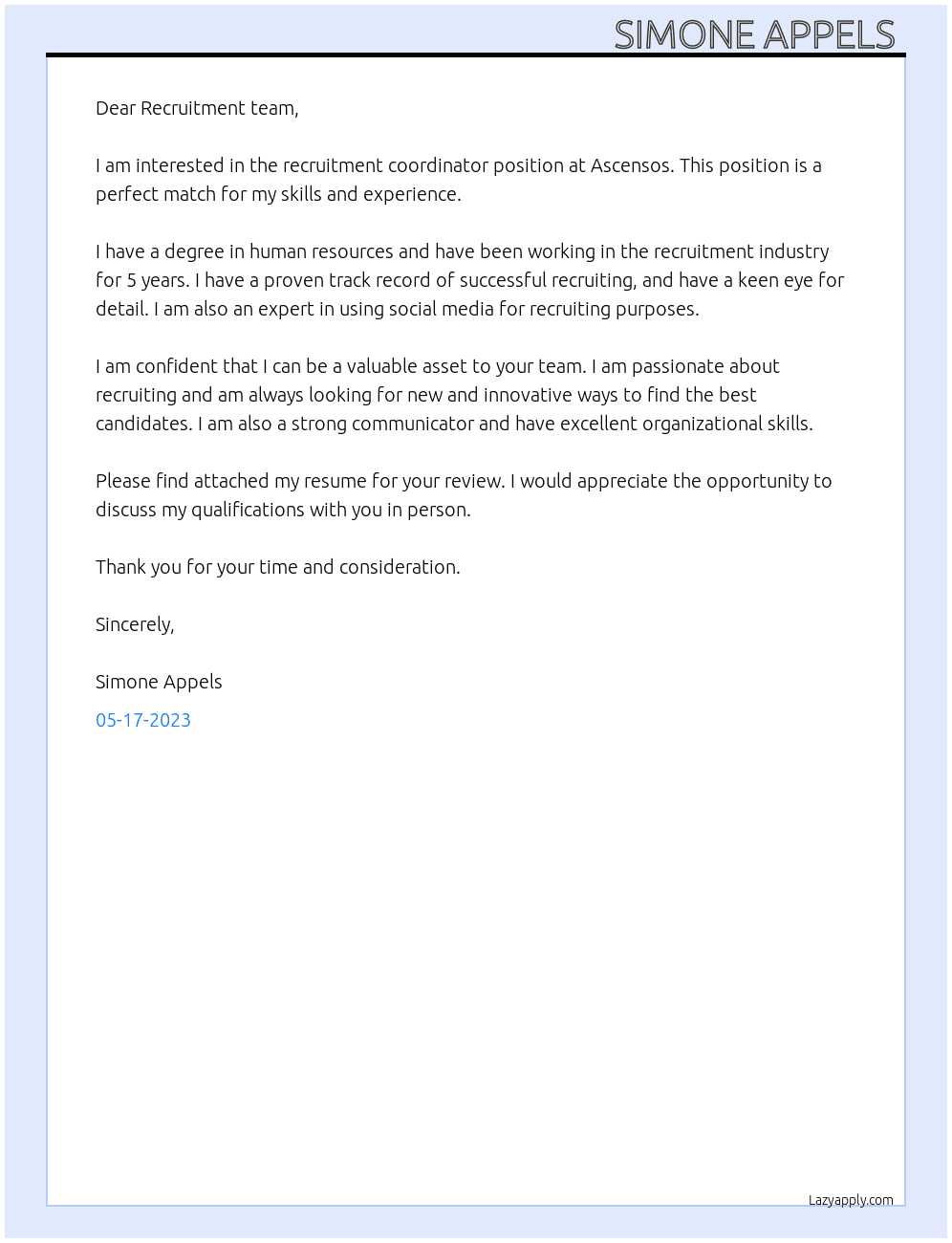 Recruitment coordinator  At Ascensos  Cover Letter