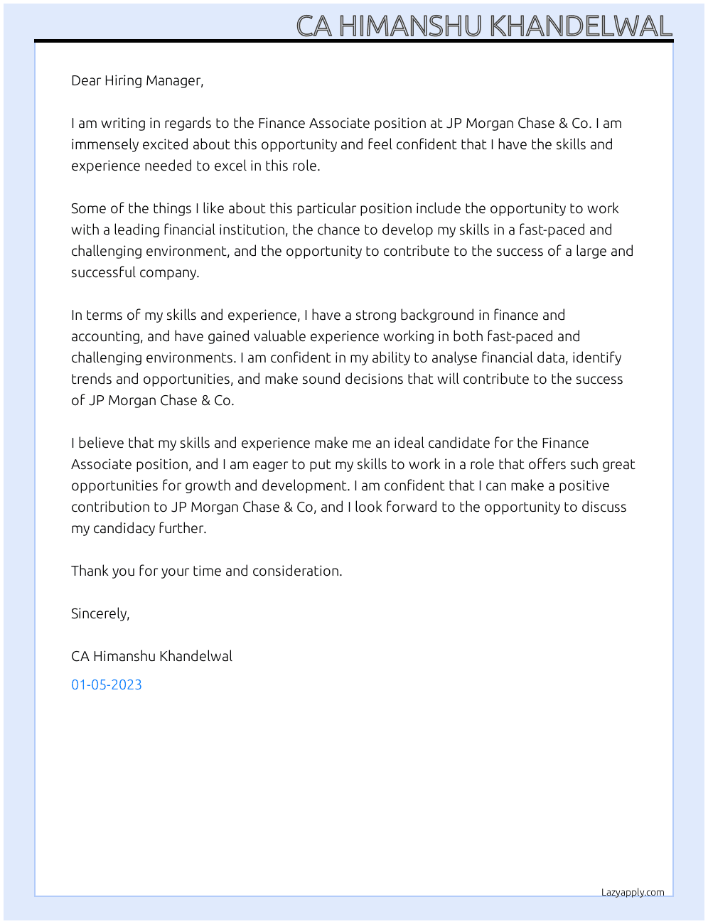 Finance associate  At JP Morgan Chase & Co  Cover Letter