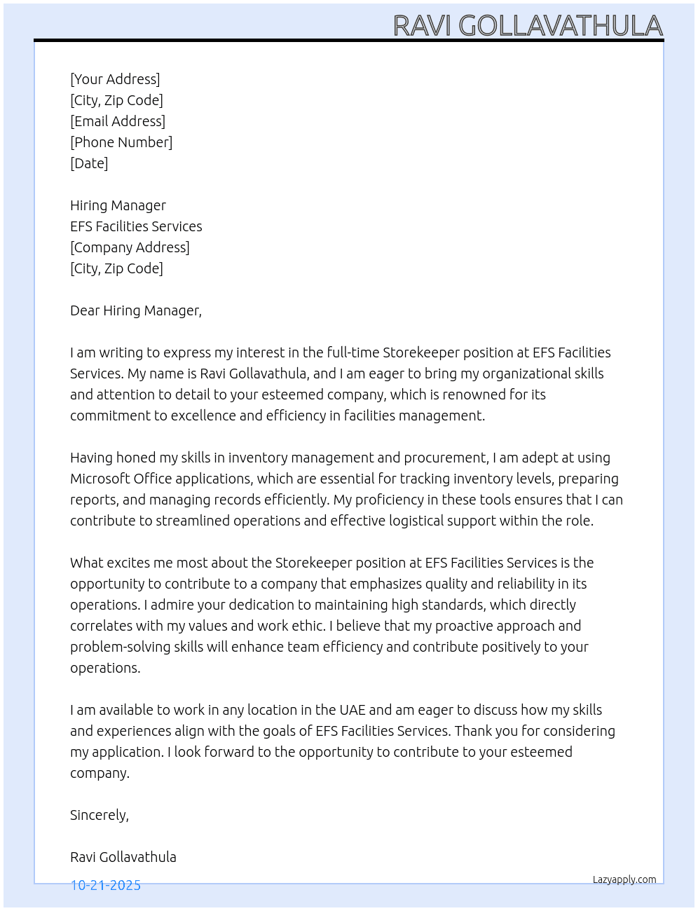 Storekeeper At EFS Facilities Services  Cover Letter