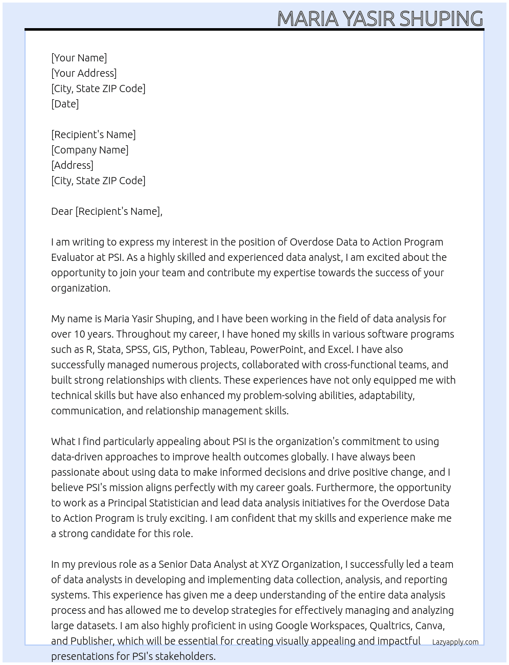 Overdose Data to Action Program Evaluator At PSI Cover Letter