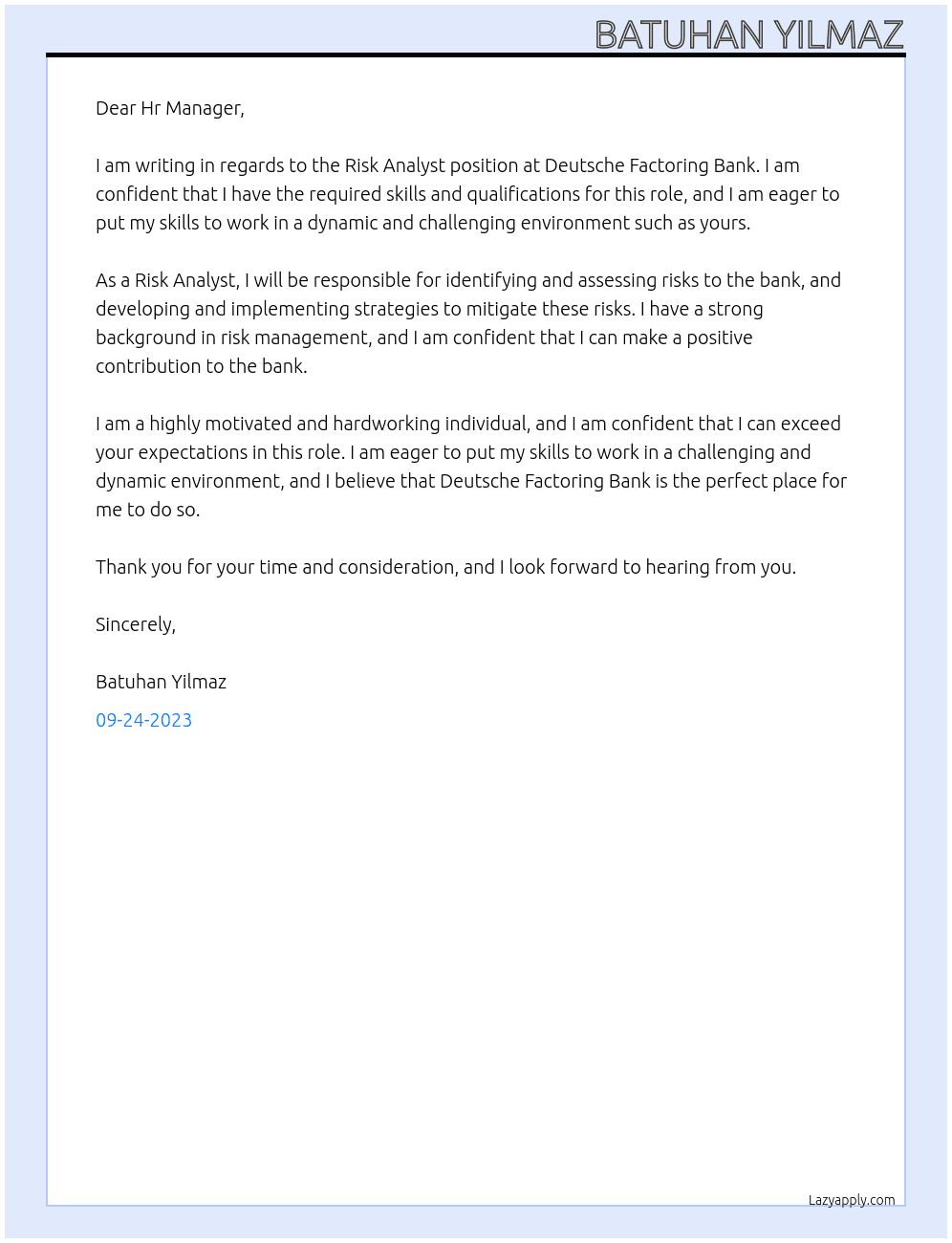 Risk Analyst At Deutsche Factoring Bank  Cover Letter