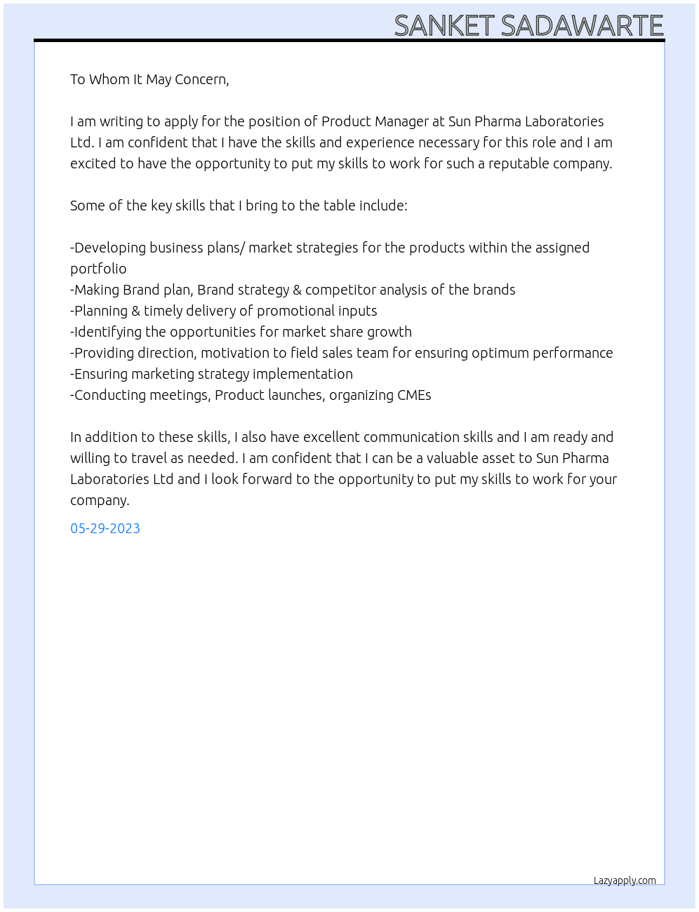  Product Manager At  Sun Pharma Laboratories Ltd Cover Letter