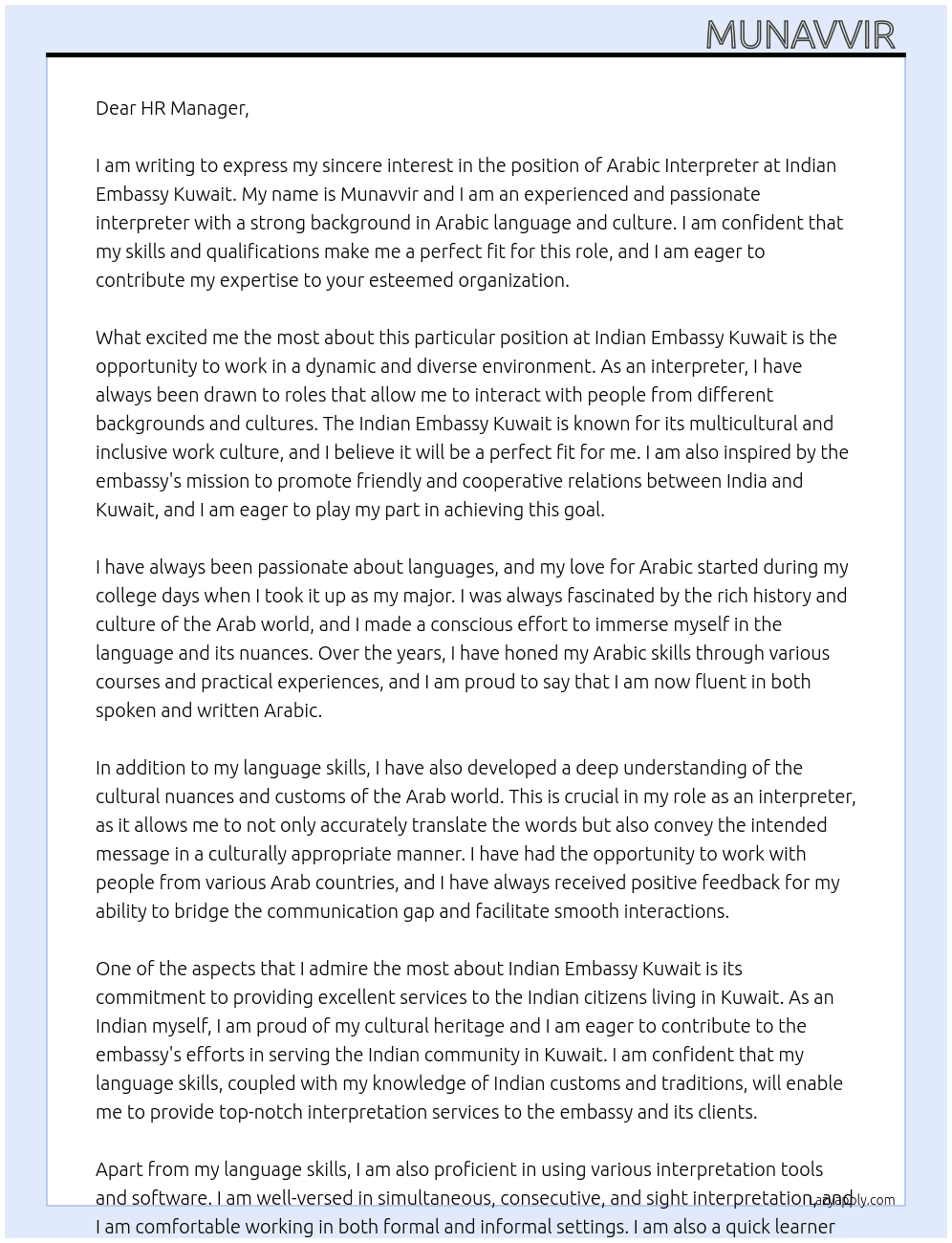Arabic intrepreter  At Indian Embassy Kuwait  Cover Letter