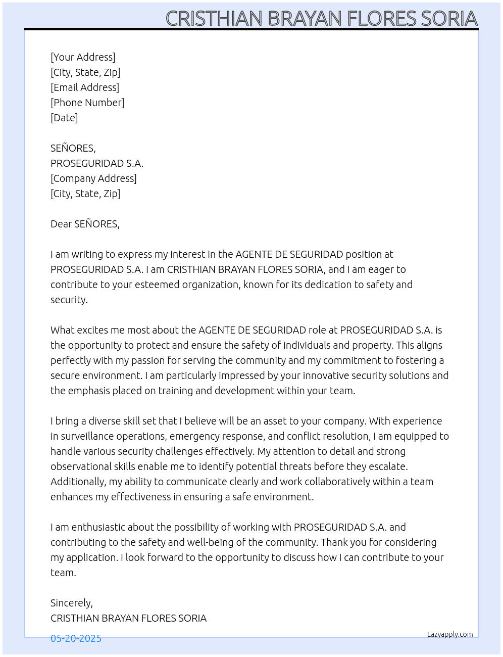 Cover letter for agente de seguridad - LazyApply