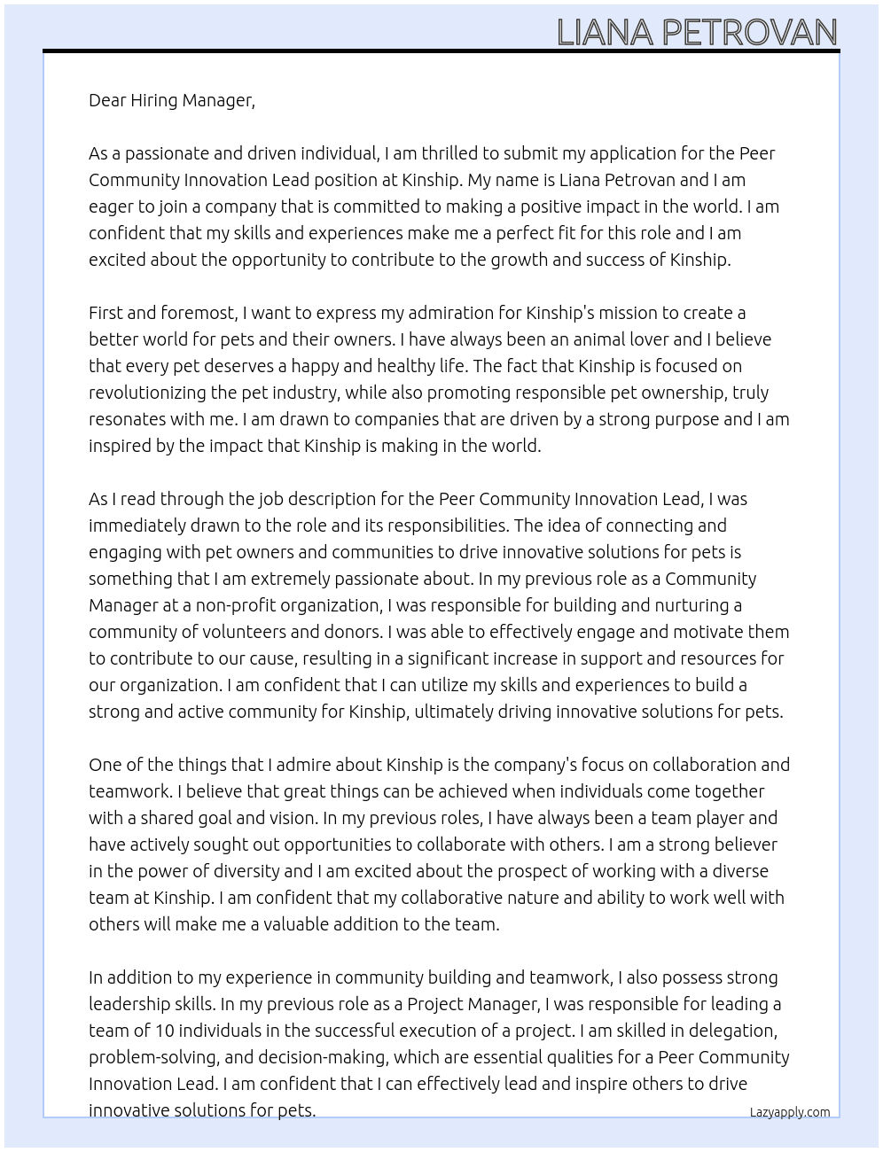 Peer community innovation lead At Kinship Cover Letter
