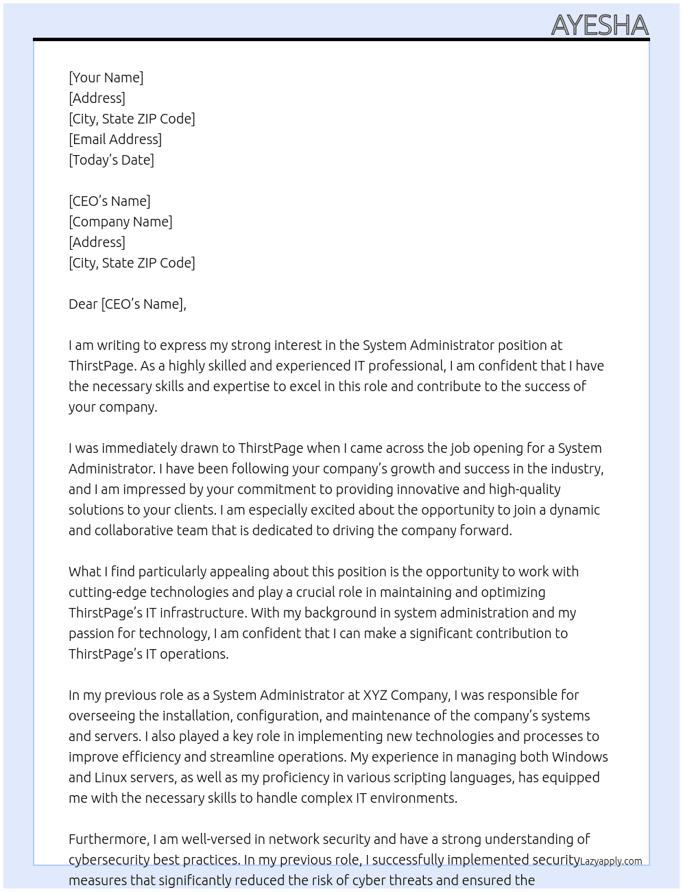 System administrator  At ThirstPage Cover Letter